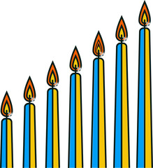 Showing seven taper candles with blue-yellow split and orange-yellow flames on transparent canvas