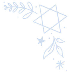 Line-art motif is appearing on transparent background, featuring star outline, leaf sprigs, dots