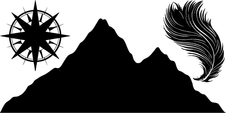 Compass rose with mountain peaks and artistic wave design for exploration and adventure themes