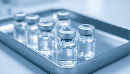 Small glass vials on metal tray. Vaccination concept. Vaccine for virus infection.