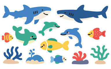 Colorful Cartoon Marine Animals Illustration on White Background.eps