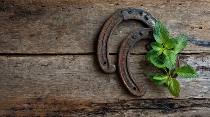 Rustic Charm: Two Rusty Horseshoes and Fresh Mint on Weathered Wood