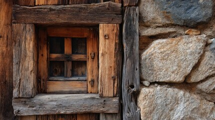 Ancient Wooden Window and Stone Wall