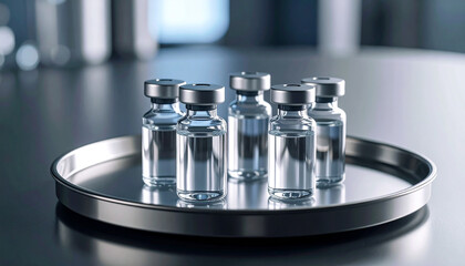 Small glass vials on metal tray. Vaccination concept. Vaccine for virus infection.