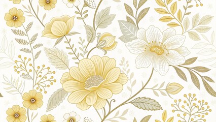 Elegant Floral Pattern with Yellow and White Flowers and Green Leaves