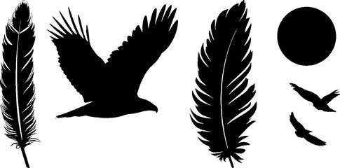 Obraz premium Majestic eagle wings and feather trail with sun disc for creative design