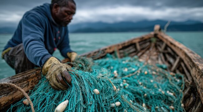 Fisherman pulling a turquoise fishing net aboard an old wooden boat under a cloudy sky, working diligently on the sea