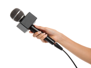 Hand holding microphone isolated on a white background png generated ai