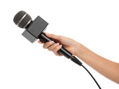 Hand holding microphone isolated on a white background png generated ai