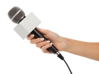 Hand holding microphone with blank label isolated on a white background png generated ai
