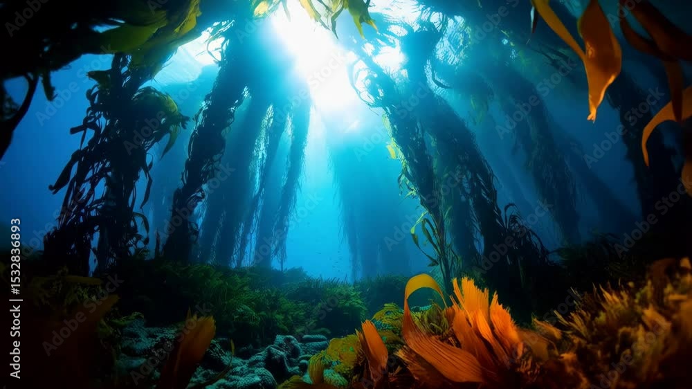Aufkleber underwater kelp forest with sunlight filtering down through the canopy, ocean plants and seabed crea