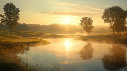 Obraz premium A tranquil image of a golf course at sunrise, with the first light illuminating the dew-covered grass and creating a peaceful atmosphere for early golfers