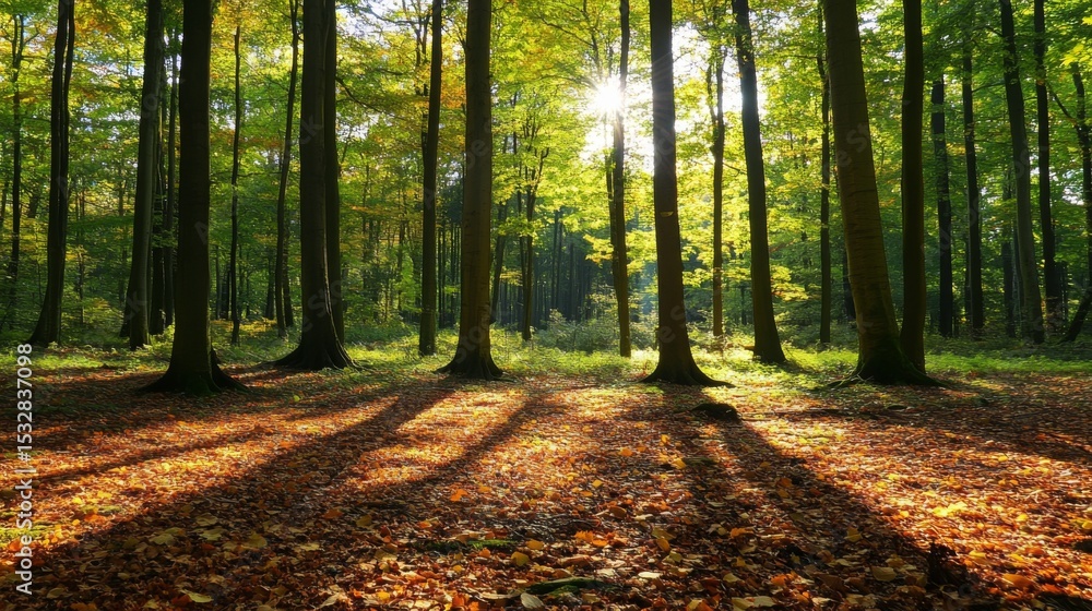 Aufkleber a tranquil scene of sunlight streaming through leaves in a forest, creating beautiful dappled light 
