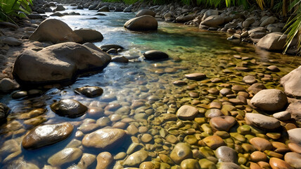 A quiet brook in the forest, where tiny silver fish dart between glossy river pebbles beneath transparent, flowing water under dappled sunlight.