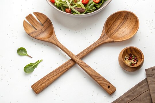 Wooden salad servers and serving spoons on white background