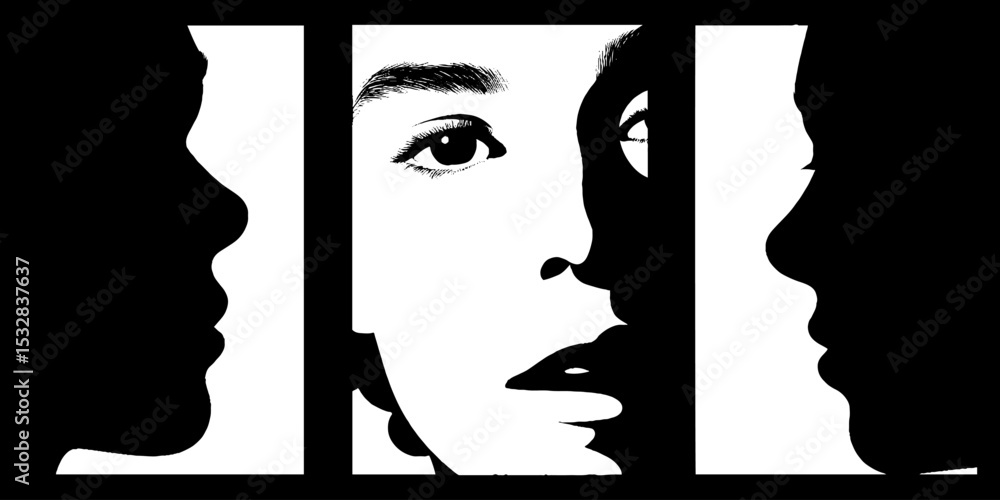 Poster fragmented faces and grid pattern in abstract black and white design