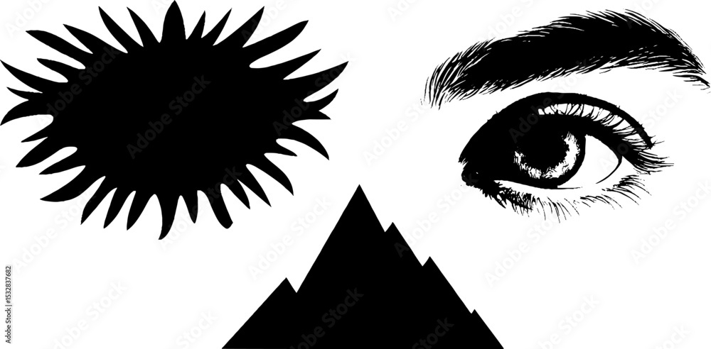 Poster abstract composition with fragmented face elements and geometric shapes