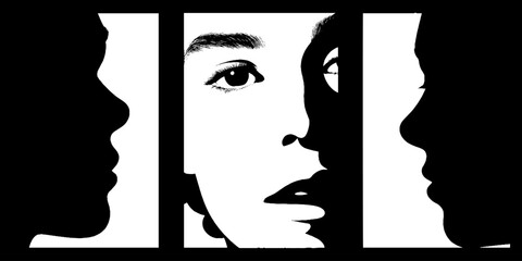 Fragmented faces and grid pattern in abstract black and white design