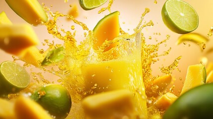 A dynamic close-up of mango juice splashing with fresh mango and lime slices creating a vibrant yellow and green display