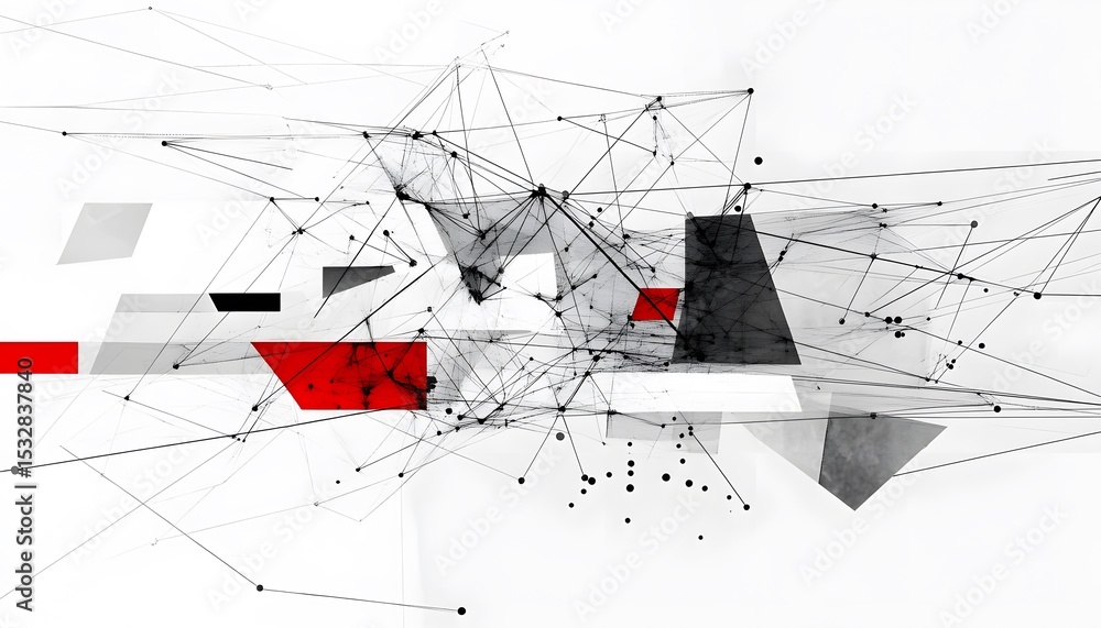 Poster abstract geometric shapes interconnected by lines and dots.