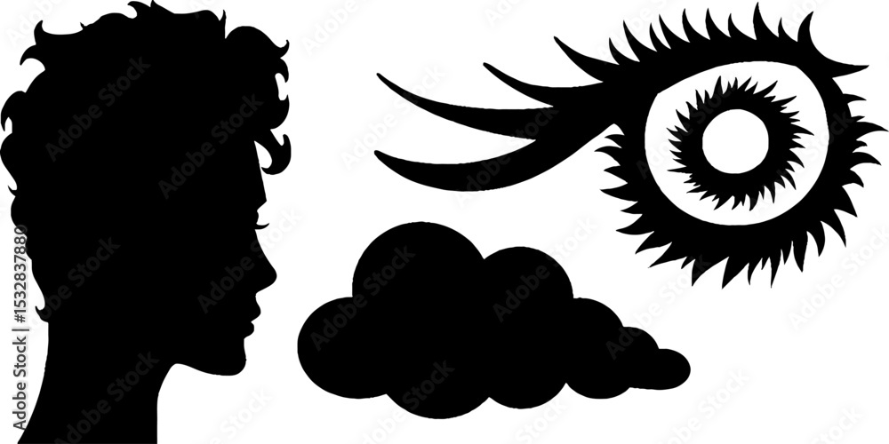 Poster abstract concept of fragmented face with swirling lines and cloud elements