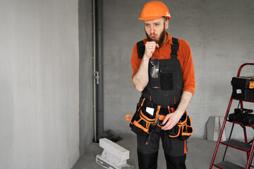 sick builder has cough, construction worker having virus, repairman suffering cold making repair in...