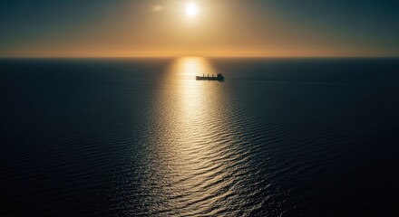 Naklejka premium Cargo Ship Sailing on Calm Ocean at Golden Sunset with Reflective Water Surface