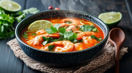 A vibrant bowl of tom yum goong with steam rising, served with fresh herbs and lime wedges on a textured cloth, emphasizing the dishs authenticity and flavor