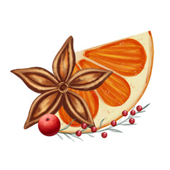 Watercolor illustration of a festive composition with a slice of orange, star anise, red berries, and delicate green twigs. Hand-painted in a cozy, warm seasonal style.