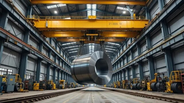 Industrial steel mill with a massive metal coil suspended by a crane, full view