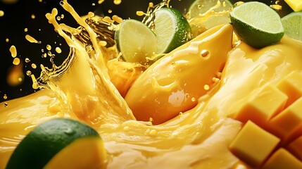 Dynamic mango juice splash with fresh mango chunks and lime slices in a dark background