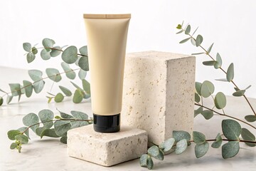 Stylish Matte Light Beige Cream Tube on Textured Surface with Greenery Accents for Skincare Product Photography