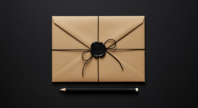 Elegant brown envelope secured with a wax seal and pencil against black backdrop, envelope, wax seal, letter, pencil, invitation, stationery, mail, correspondence, brown, black, elegant, formal, tied,