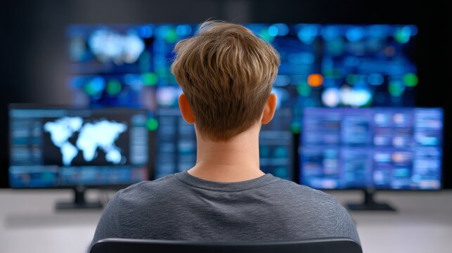 Cybersecurity Expert Monitoring Multiple Data Screens in a High-Tech Control Room Environment - Powered by Adobe