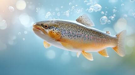 Fish Swimming Gracefully in the Air Surrounded by Bubbles and Soft Blue Background