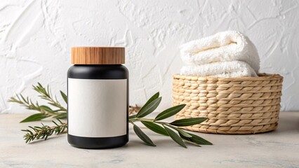 Minimalist Studio Shot of Matte Black Container with Towel and Leaves on Textured Background