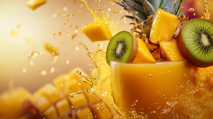 A Refreshing Burst of Tropical Flavors: Mango, Pineapple, and Kiwi Juice Splash