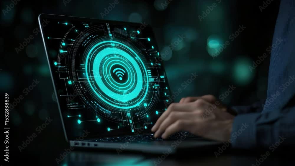 Poster futuristic laptop with digital interface displaying wifi signal and data visualization in high-tech 