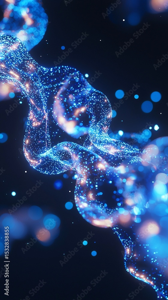 Poster abstract visualization of luminous particles creating a complex, flowing form