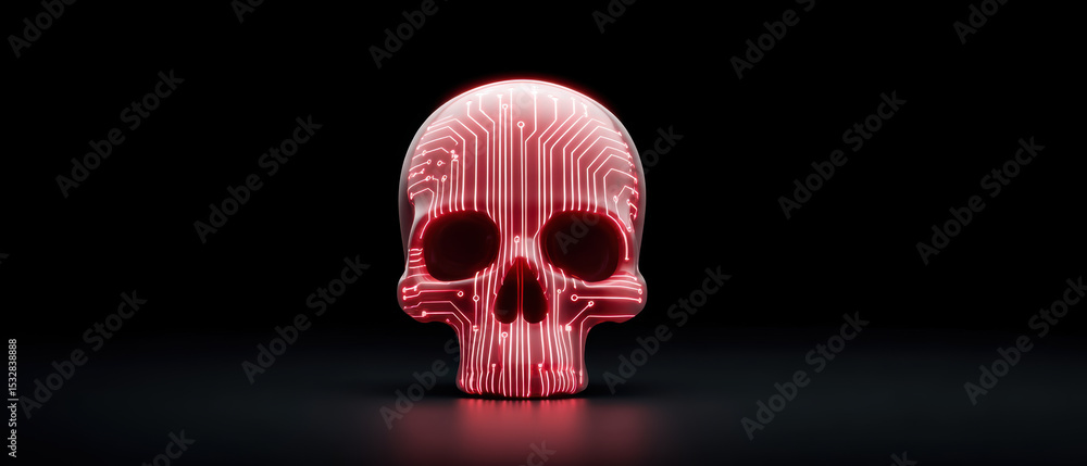 Poster glowing skull with circuit patterns symbolizes technology and digital innovation