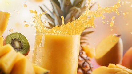 A vibrant explosion of fresh tropical fruit juice with pineapple, mango and kiwi fruit