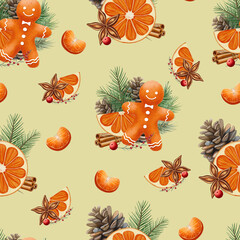 Seamless watercolor pattern with gingerbread men, orange slices, cinnamon sticks, star anise, pine cones, and fir branches. Cozy festive illustration in a warm holiday style.