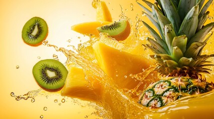 A dynamic composition of pineapple, mango, and kiwi slices amidst a vibrant juice splash on a yellow backdrop