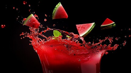 A refreshing burst of watermelon juice and slices against a stark black backdrop creating a captivating food still life