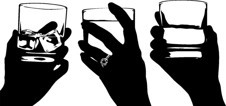 Elegant hands holding whiskey glass and ice cube for beverage concept design
