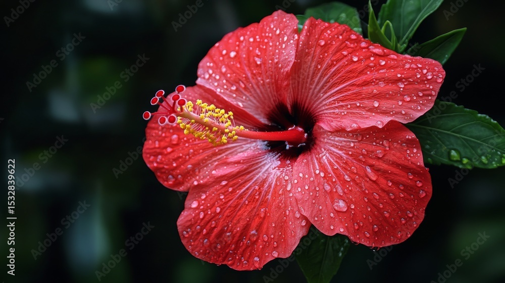 Poster a vibrant red hibiscus with water droplets delicately placed on its petals, creating a striking cont