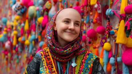 Smiling young woman wearing a colorful patterned scarf