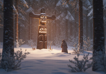 glowing ceremonial totem in a snowy forest