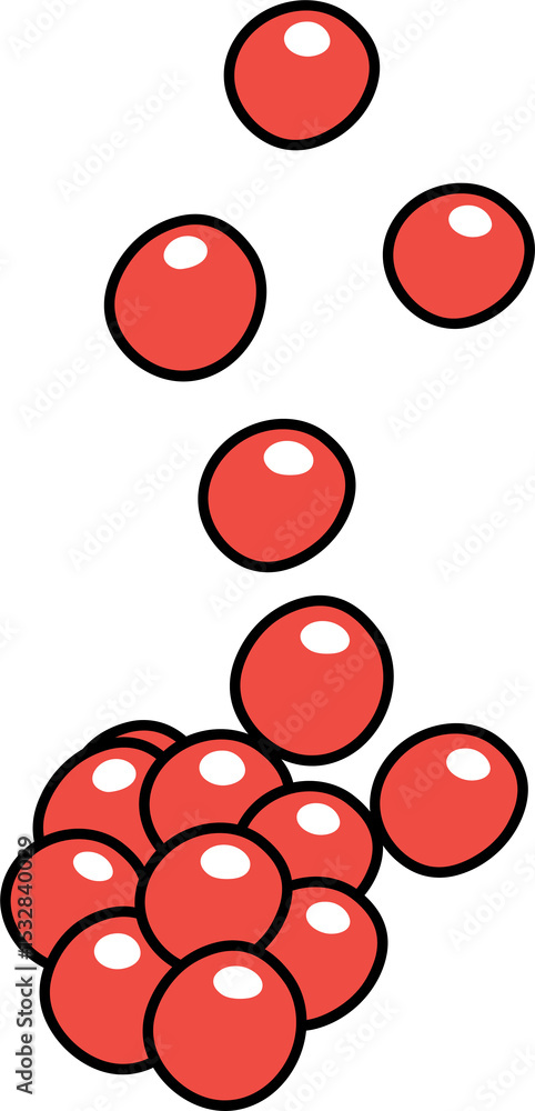 Poster glossy red spheres are clustering and floating in 3d render, transparent backdrop
