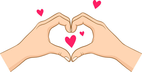 Showing flat design two hands forming heart shape with pink and red hearts, transparent background